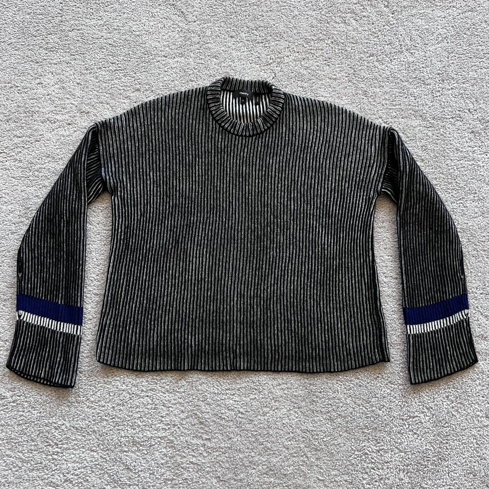 Theory Mix Stripe Crew Cashmere Sweater Womens Small Gray Blue Ribbed Knit